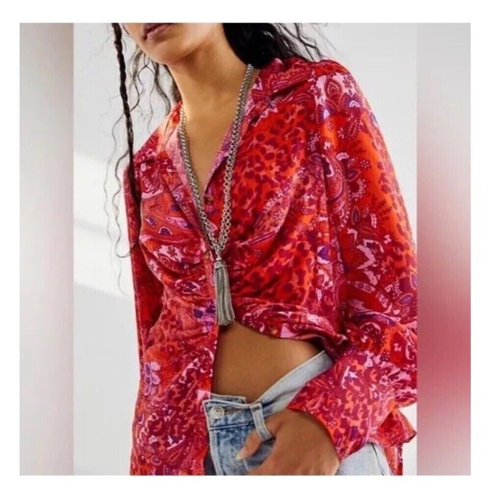 Free People Red Paisley Twist-Front Blouse